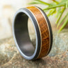 Whiskey Barrel Wedding Band - Unique and Stylish ring with white gold accents and black zirconium, featuring oak wood inlay and beveled profile.