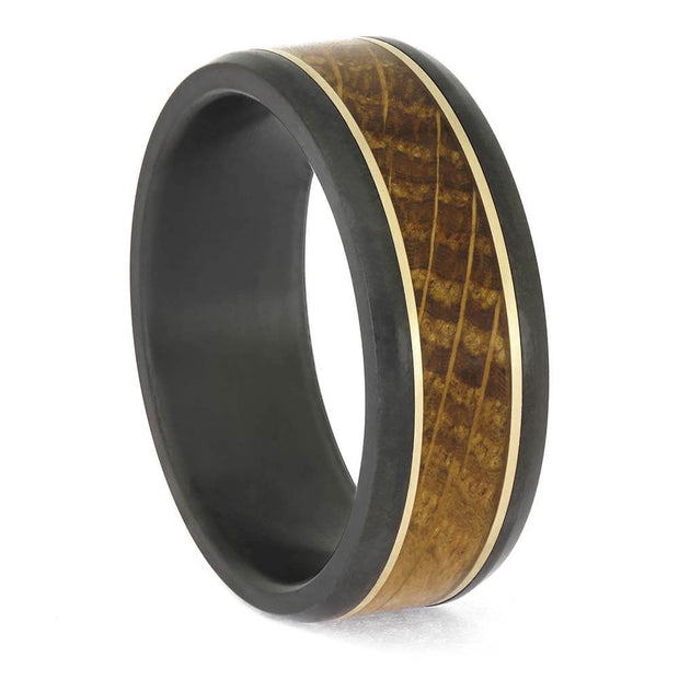 Men's Whiskey Barrel Wedding Band in black zirconium with matte finish, white gold inlay, and premium oak wood for a bold, rustic look.