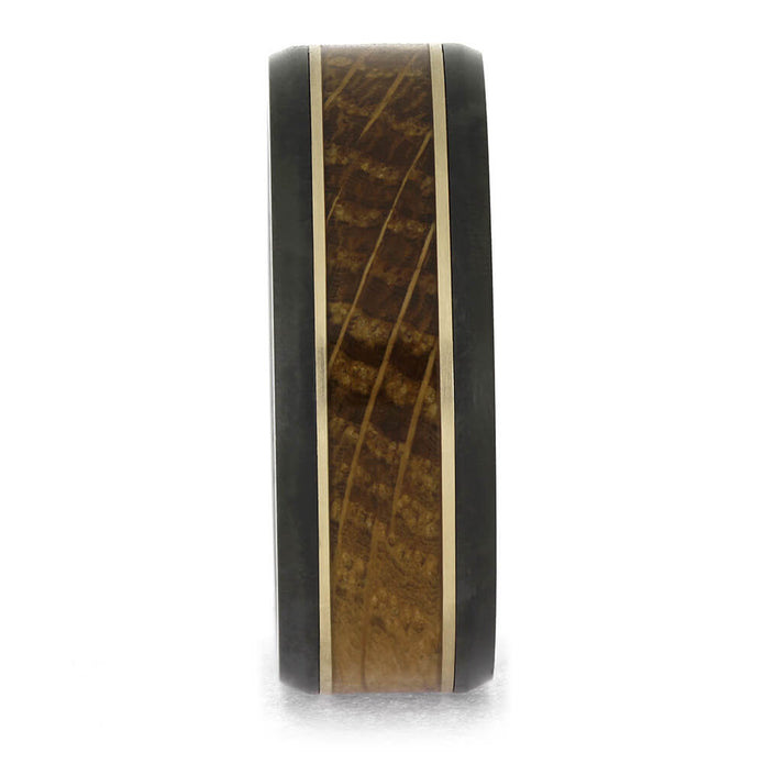 Side view of Whiskey Barrel Wedding Band showing 8mm width, beveled edges, and detailed oak wood grain with white gold accents.