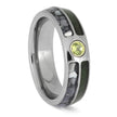 Men's titanium wedding ring with green crushed peridot, white mother-of-pearl inlays, and a round bezel-set peridot centerpiece.