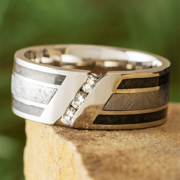 Men's Platinum Ring with Diamonds and Meteorite