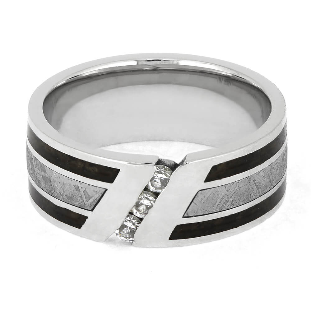 Platinum Wedding Band with Fossilized Dinosaur Bone and Meteorite