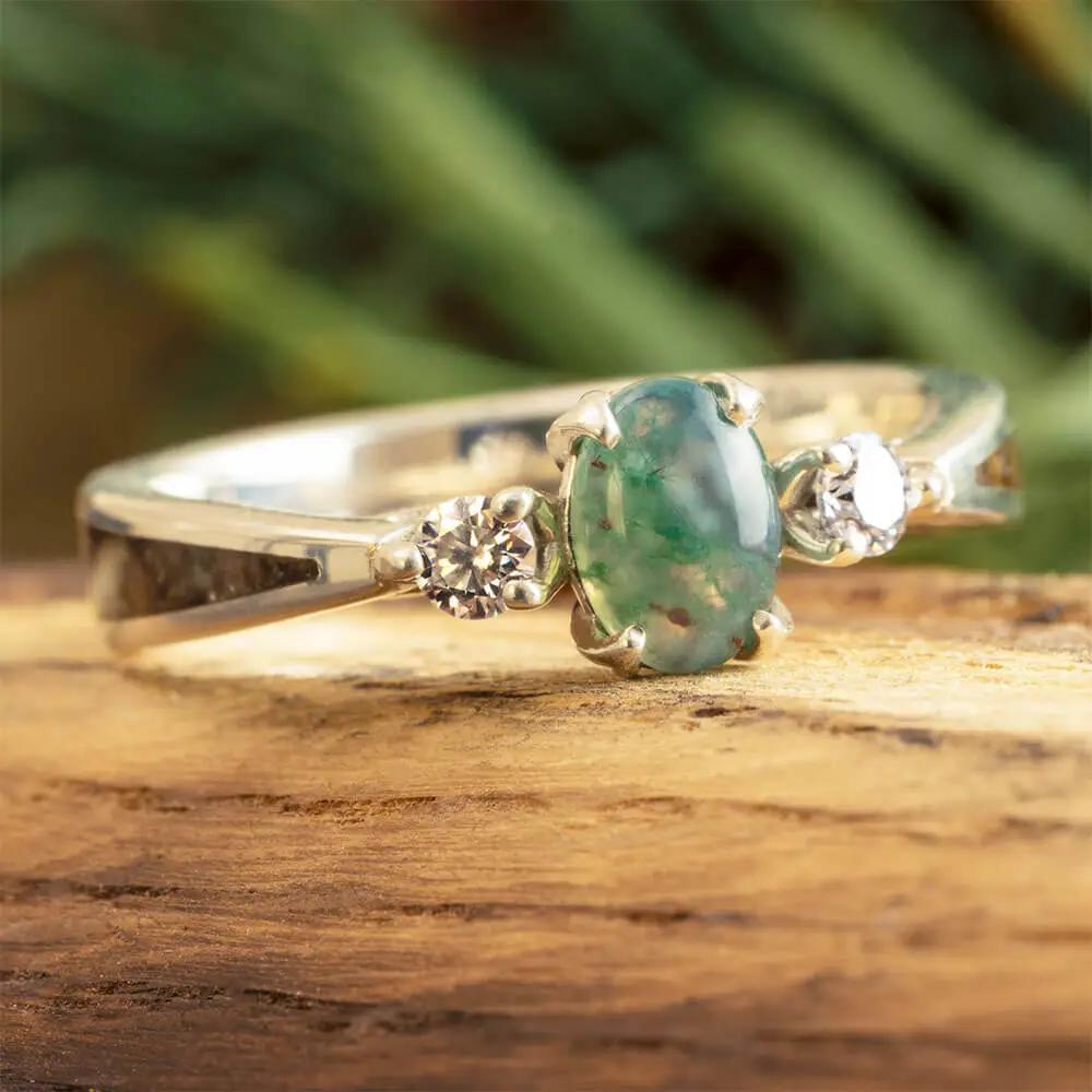 Moss Agate Engagement Ring with Fossil Inlay