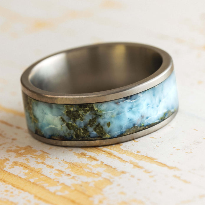 by Jewelry by Johan Blue Larimar Stone Wedding Band in Titanium 002306