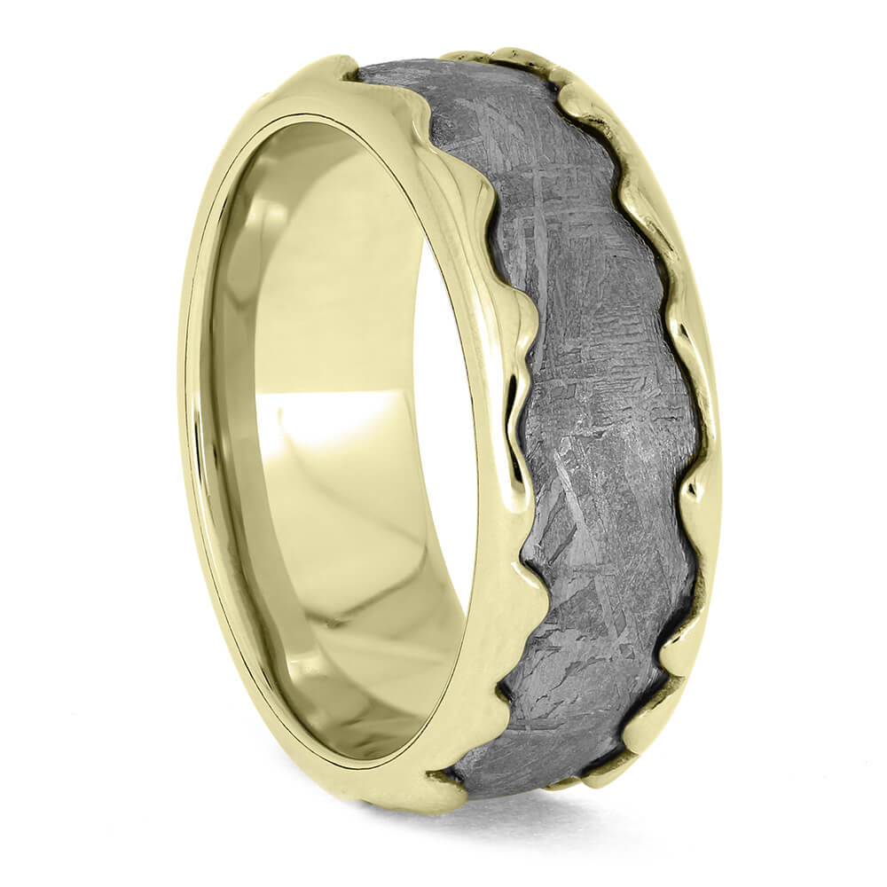 Wavy White Gold and Meteorite Ring for Men