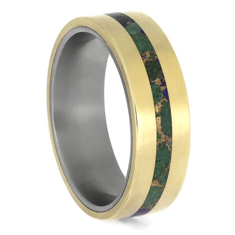 Men's Green Stone Wedding Band in Gold