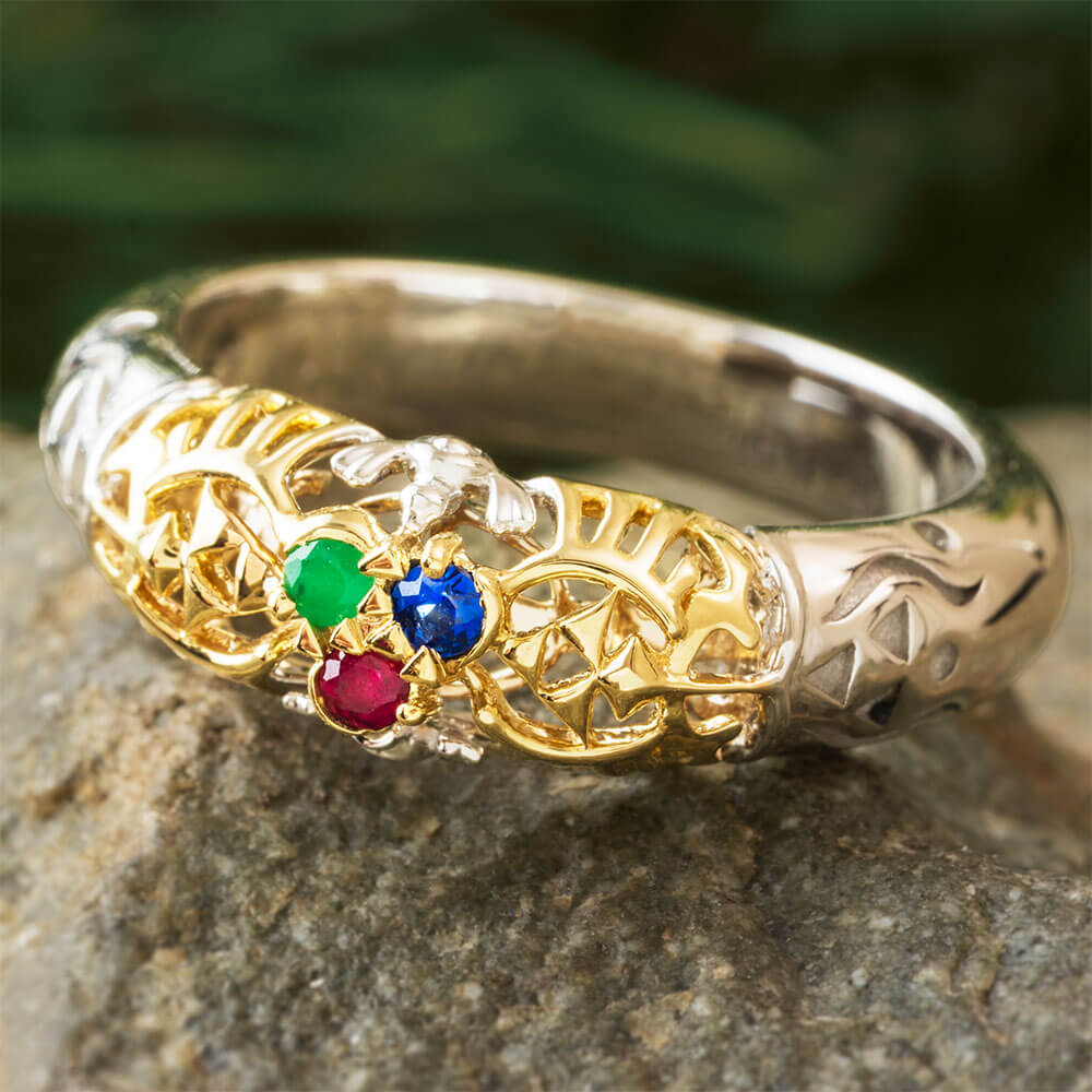 Zelda Ring with Triforce Symbol and Three Birthstones