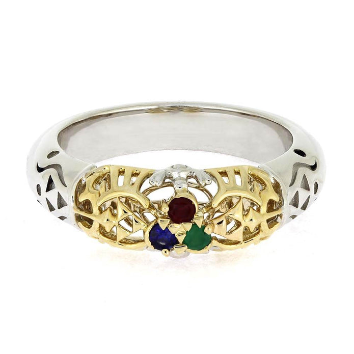 Silver ring with gold accents and colored gemstones on a white background