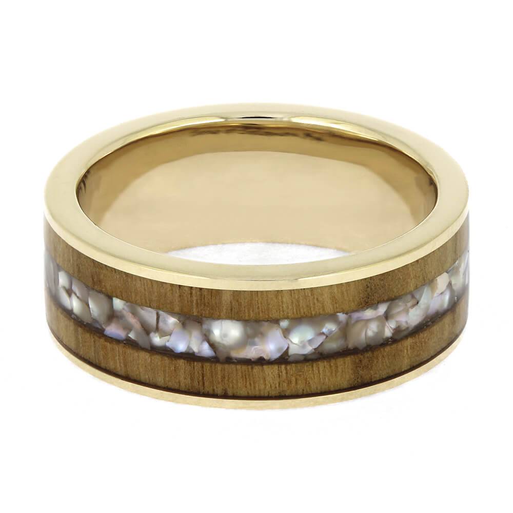 Pearl and olive wood inlay ring in white gold