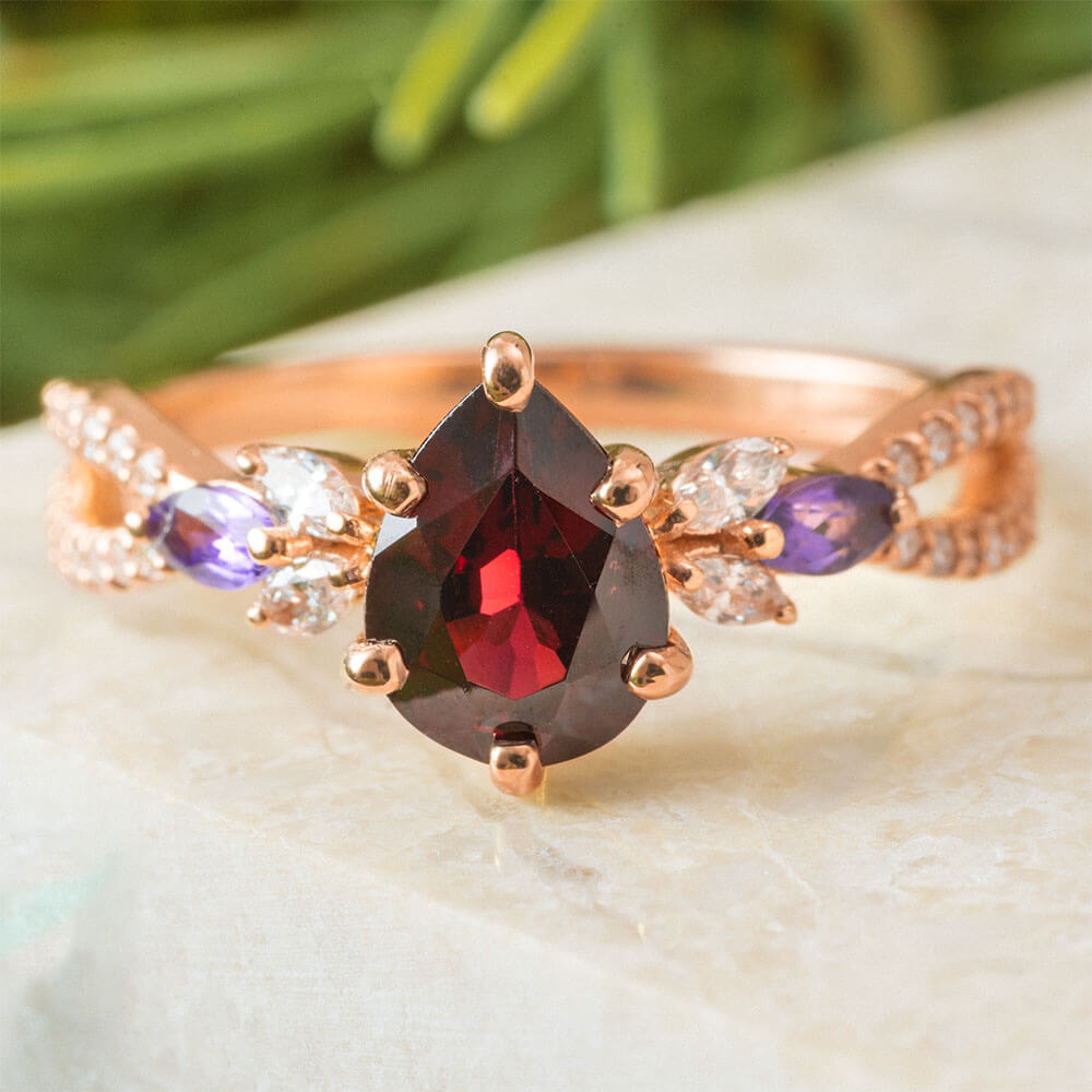Garnet Birthstone Engagement Ring Rose Gold Handmade, Unique