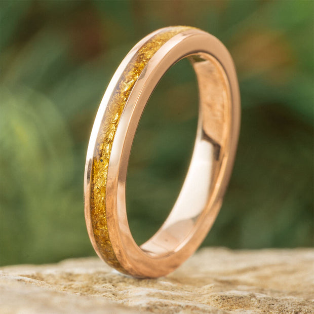 14k rose gold wedding band for women with polished finish and gold foil inlay, 3mm wide with round profile, ideal for elegant ceremonies.