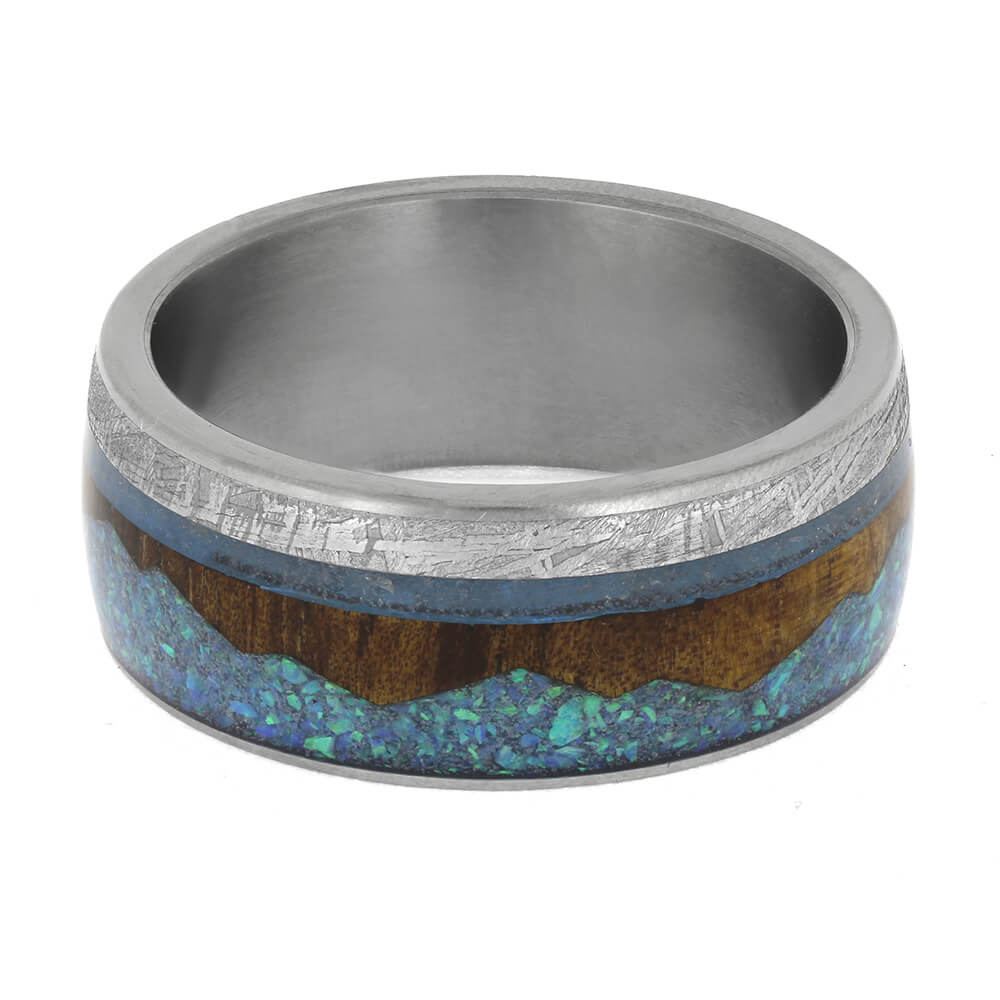 Opal, Aquamarine, and Koa Wood Wedding Band