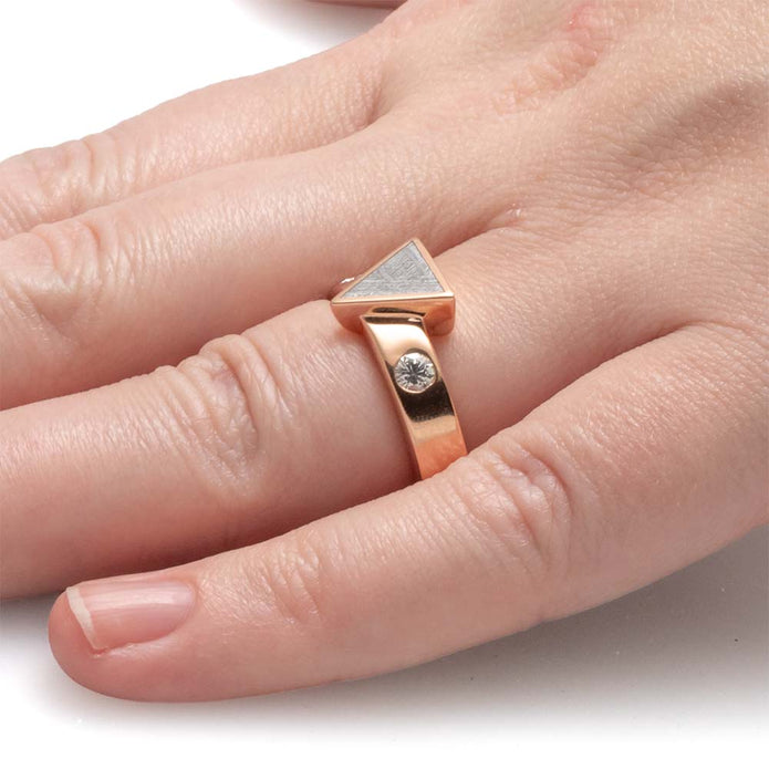 Rose gold ring with a diamond on a finger against a white background