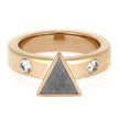Gold ring with a triangle and gemstones on a white background