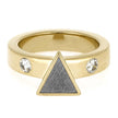 Gold ring with a triangle and two crystals on a white background