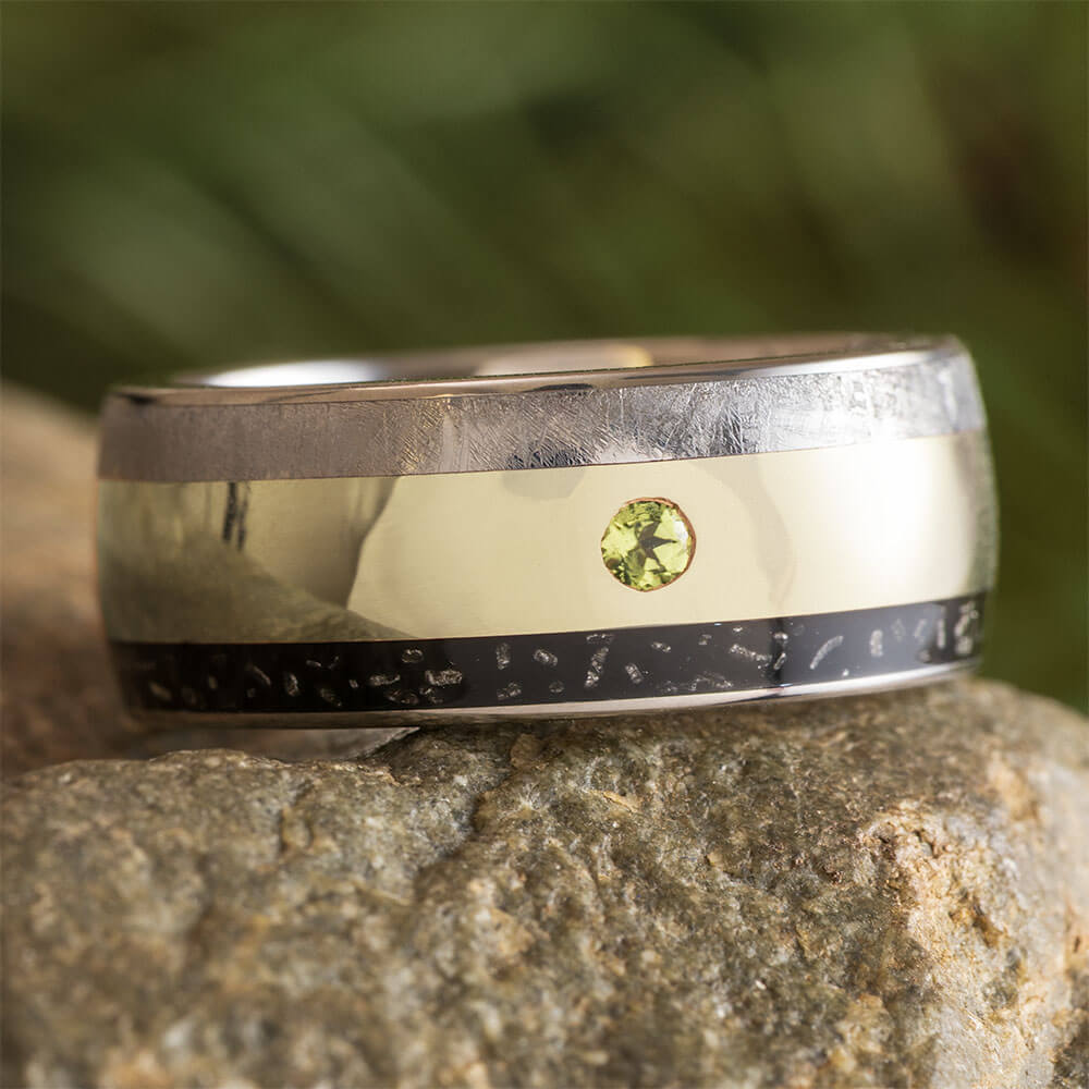 White Gold Wedding Band for Men with Titanium and Meteorite