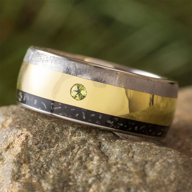 Meteorite and Stardust Wedding Band with Peridot