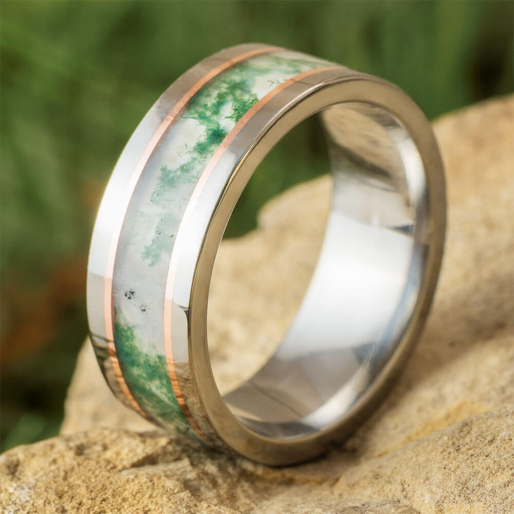 Moss Agate Wedding Band with Rose Gold Pinstripes