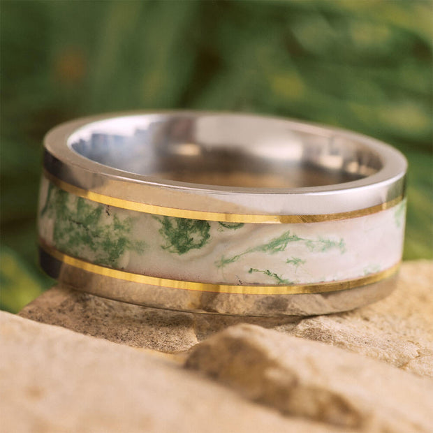 Moss Agate Wedding Band in Titanium