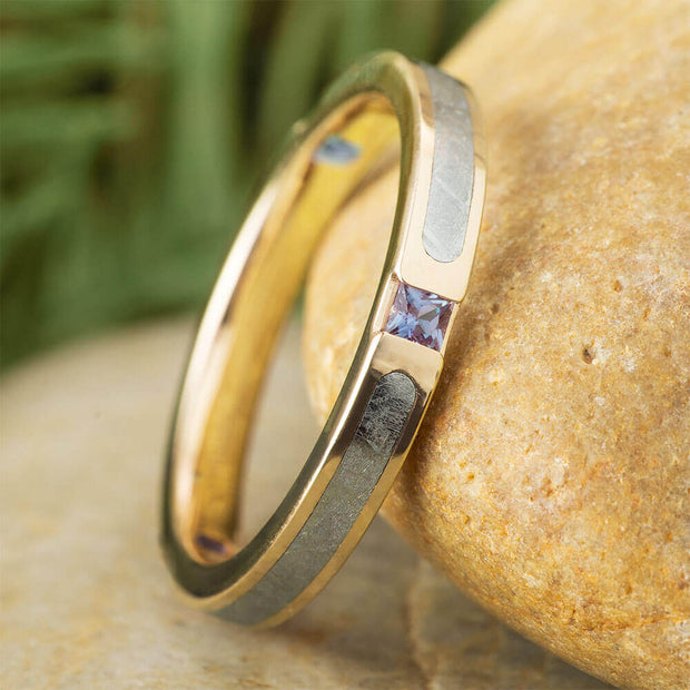 Gold Ring with Meteorite and Three Alexandrite Stones