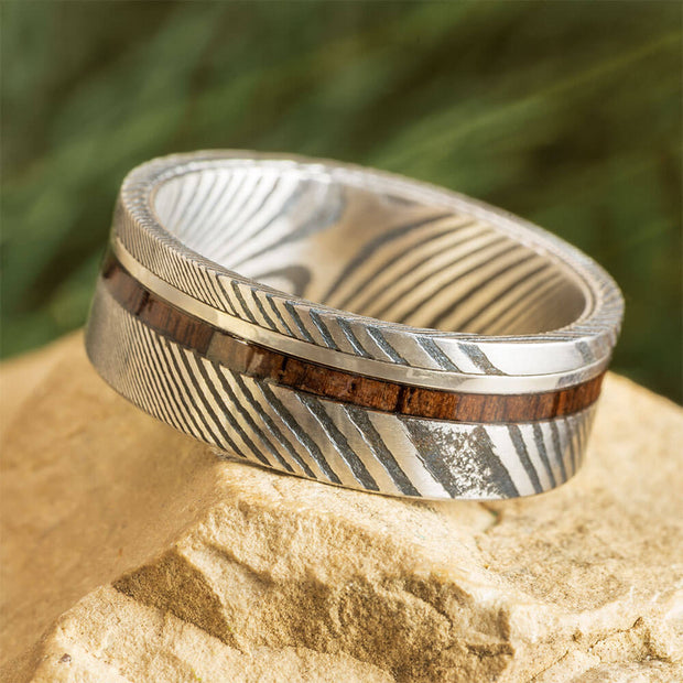 Damascus Steel and Walnut Wood Wedding Band