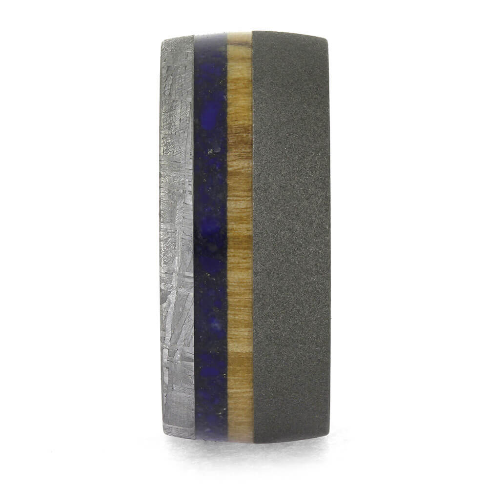 Sandblasted Titanium Ring with Wood and Meteorite