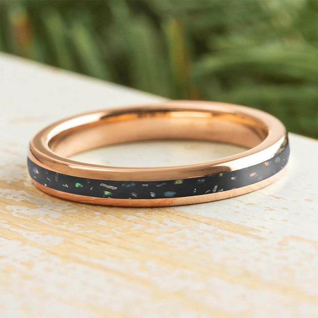 Custom Black Opal Stardust Wedding Band in Rose Gold featuring a 3mm round profile with crushed opal inlay, blending elegance and cosmic charm.
