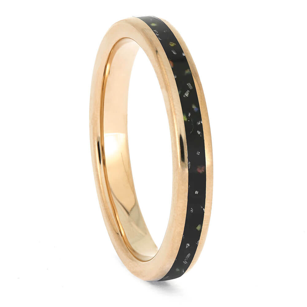 Elegant 3mm rose gold wedding ring with black opal stardust inlay, perfect for modern brides seeking a unique and celestial-inspired design.