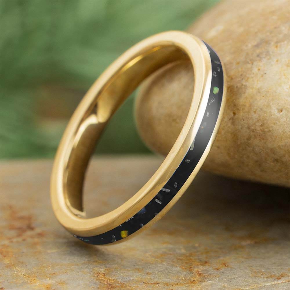 Black Opal Stardust Ring - 14k Gold Wedding Band featuring a polished yellow gold finish and crushed black opal inlay, ideal for women's wedding jewelry.