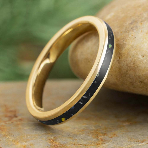 Black Opal Stardust Ring - 14k Gold Wedding Band featuring a polished yellow gold finish and crushed black opal inlay, ideal for women's wedding jewelry.