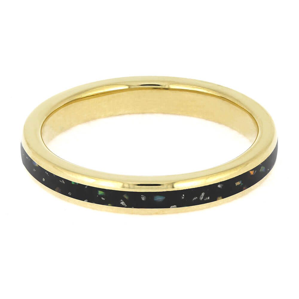 Round-profile Black Opal Stardust Ring crafted in polished 14k yellow gold, featuring a single inlay ideal for wedding or anniversary gifts.