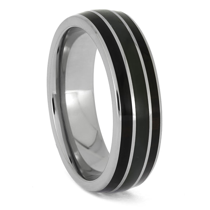 Ring with black and silver design on a white background
