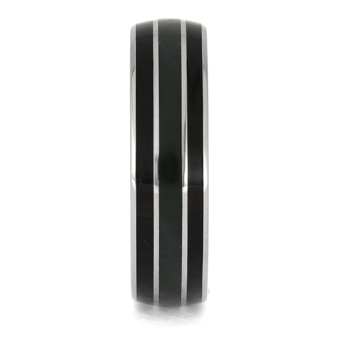 Black ring with silver stripes on a white background