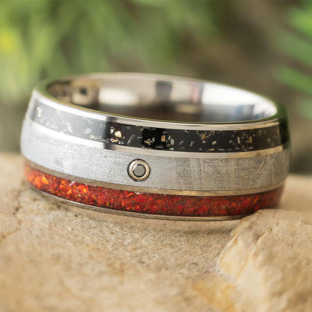Men's Meteorite Ring with Stardust and Synthetic Opal