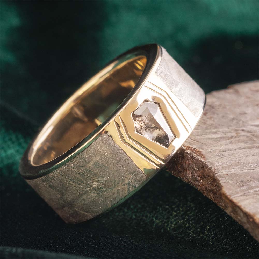 Coffin Shaped Diamond Ring for Men with Meteorite