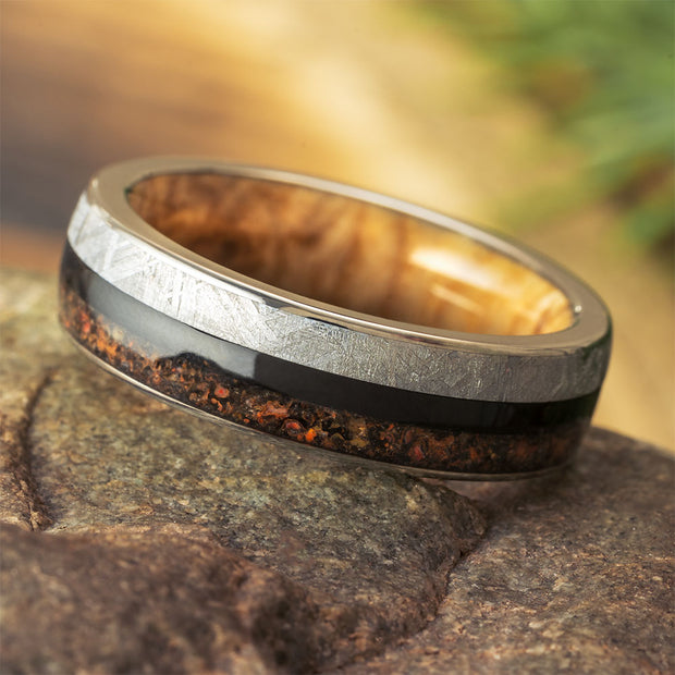 Meteorite, Fossil, and Wood Wedding Band for Men