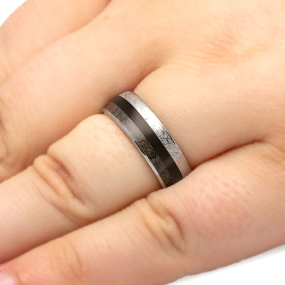 Meteorite Ring with Ebony Wood and Fossil Inlays