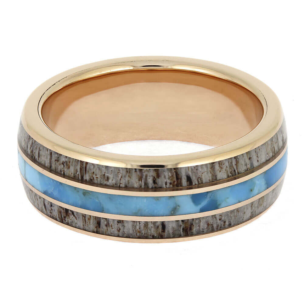 Men's Turquoise Wedding Band with Deer Antler Inlays