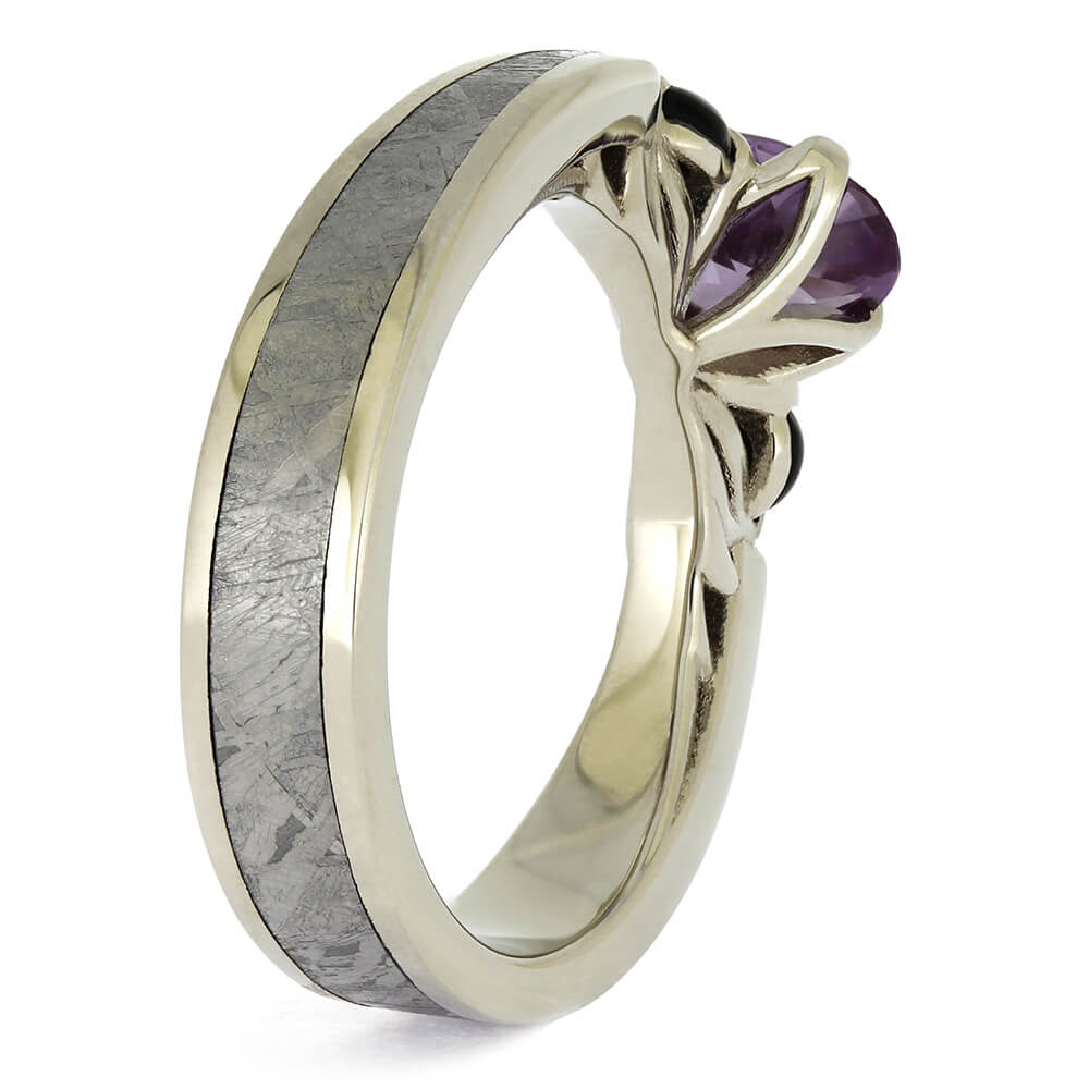 Side profile of Three Stone Ring with Onyx & Meteorite, showing the split meteorite inlay and intricate gold setting under the alexandrite.