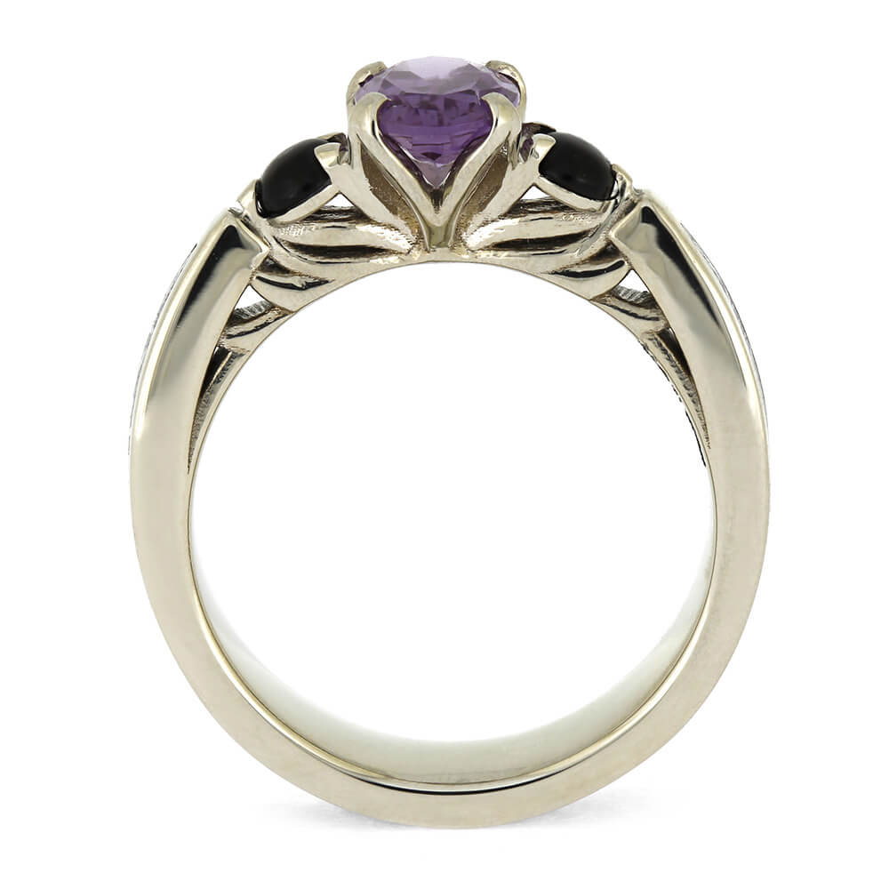 Back view of Three Stone Ring with Onyx & Meteorite, featuring elegant gold filigree and symmetrical placement of onyx and alexandrite stones.