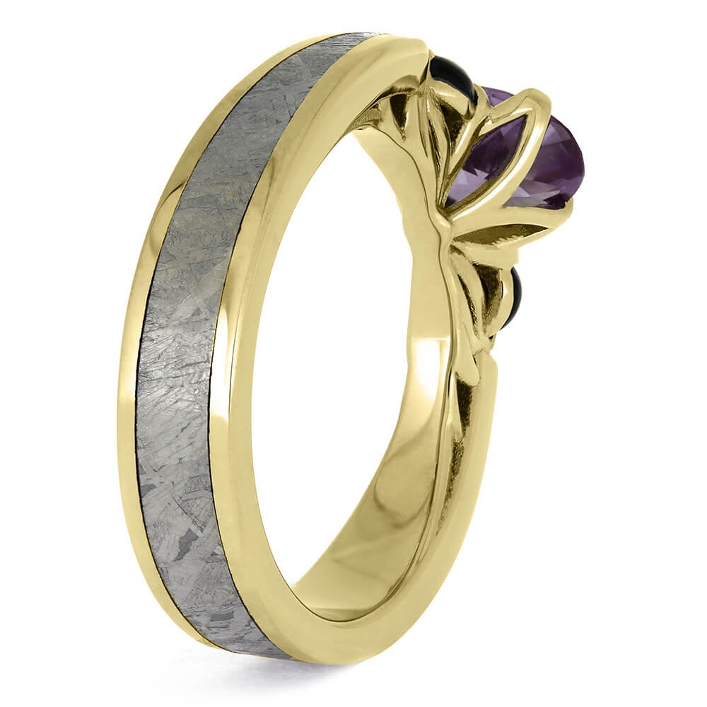 Three Stone Engagement Ring with Onyx and Meteorite