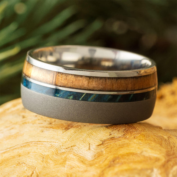 Wood Wedding Band with Double Inlays in Titanium