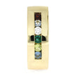 Gold ring with colorful gemstones on a white background