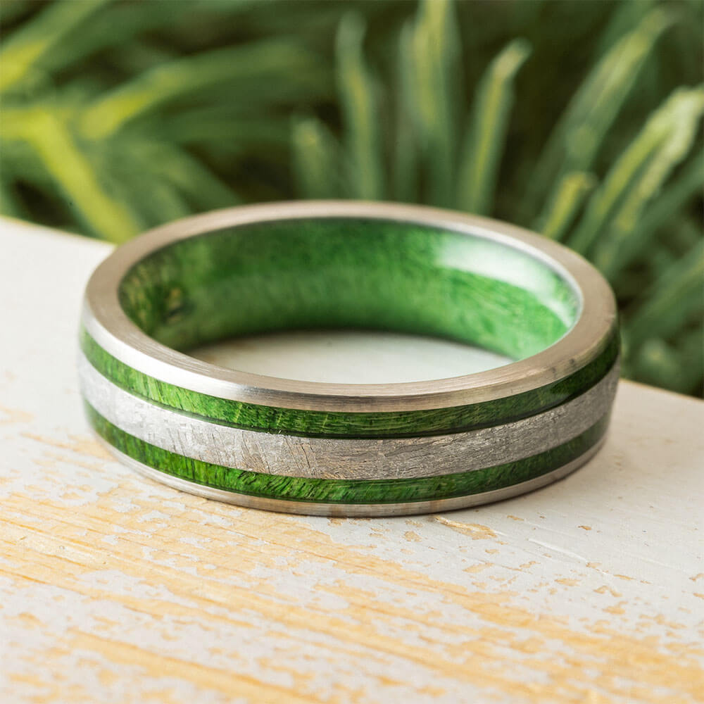 Green Wood and Meteorite Wedding Band