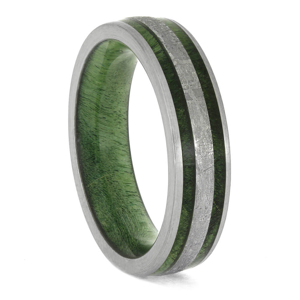 Green Wedding Band for Men with Wood and Meteorite