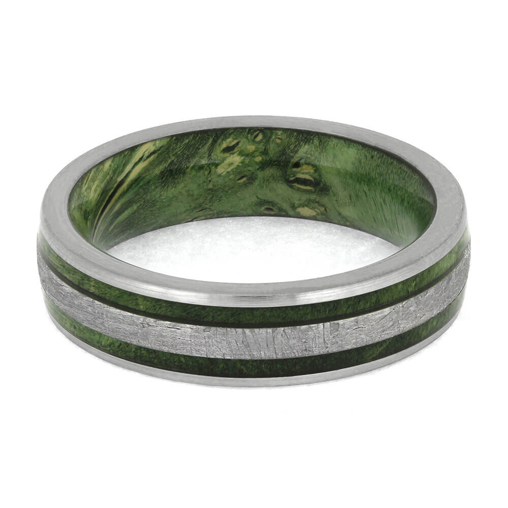 Handmade Meteorite Wedding Band with Green Wood Sleeve