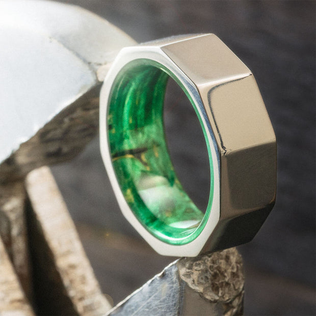 Hex Nut Style Ring with Green Wood Interior