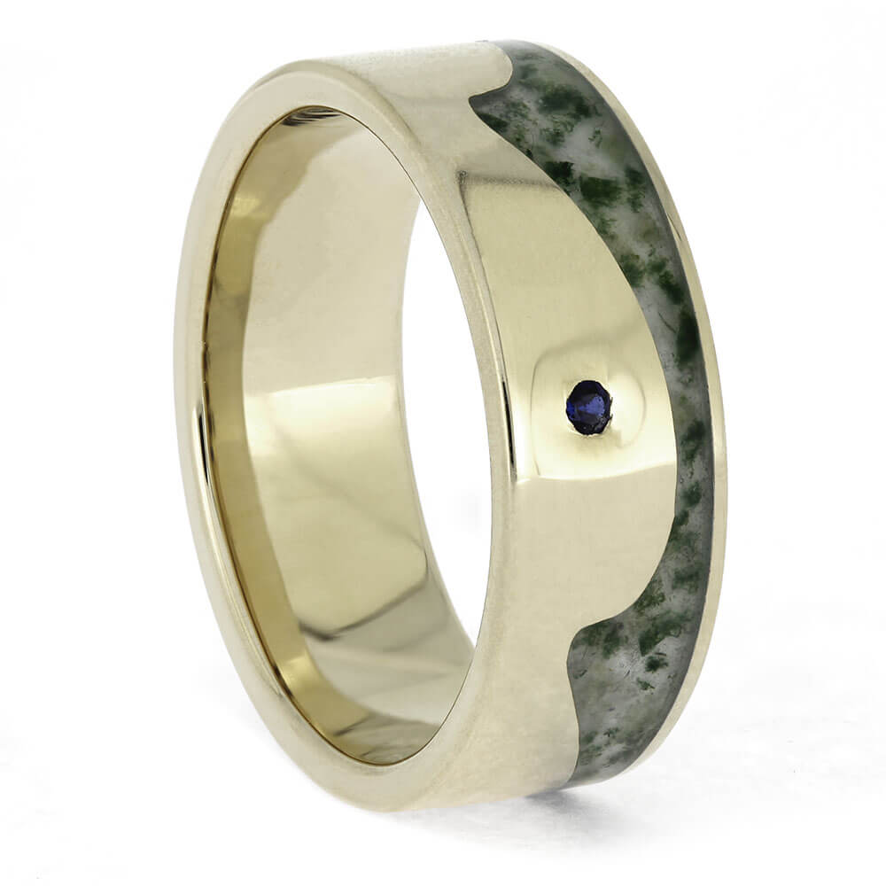 Men's White Gold Wedding Band with Moss Agate