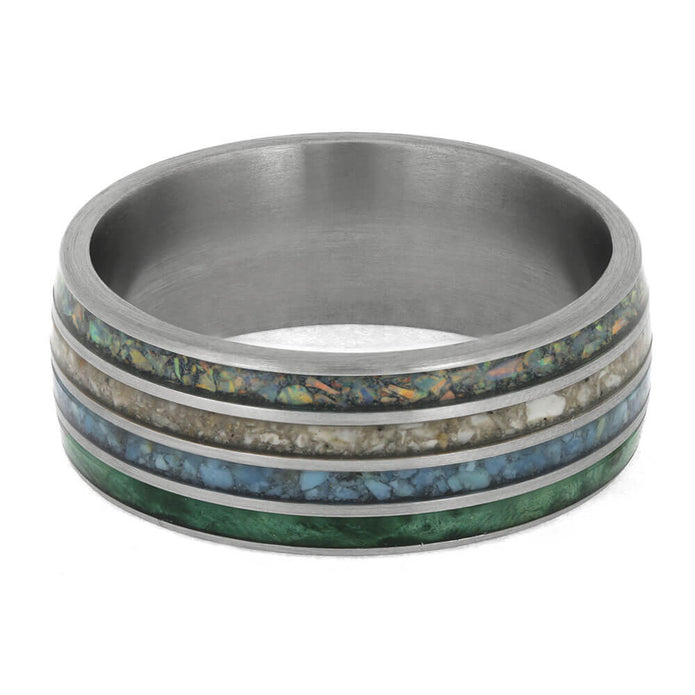 Multicolored band ring with metallic finish on a white background