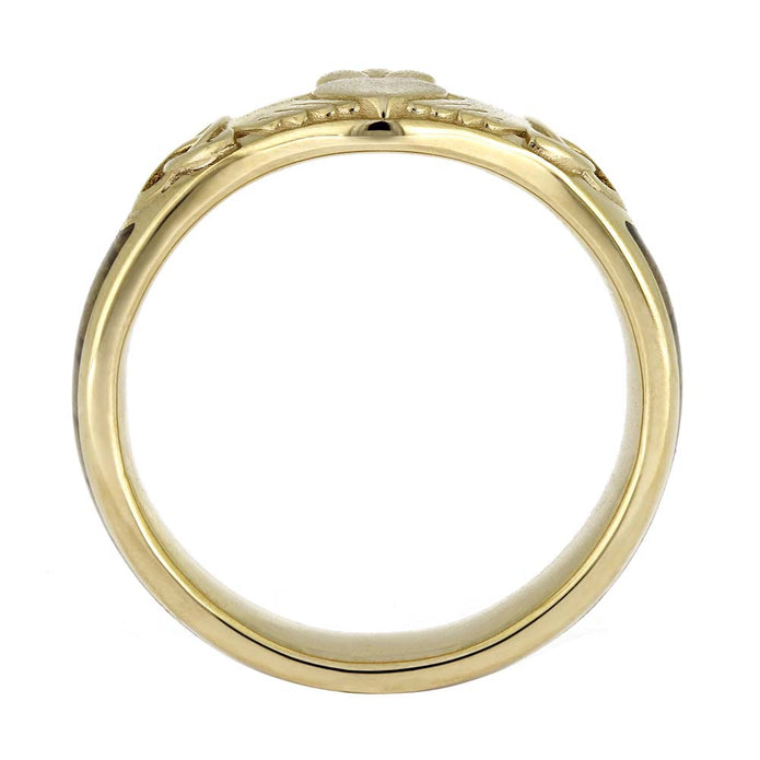 Gold ring with intricate design on a white background